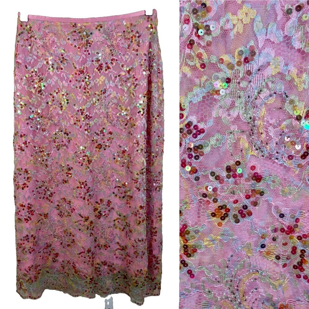 Vintage Y2K Renato Nucci Beaded Sequin Lace Silk Midi Skirt Size 40 Fairy Nymph